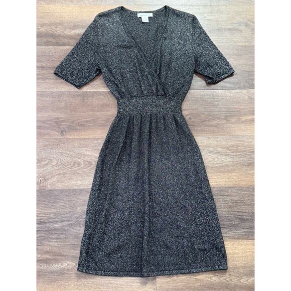 Liz Claiborne Dress Metallic Black Gold Short Sleeve V Neck Knee Length - Med - Picture 1 of 7
